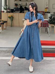 DAZY Đầm denim dài thường ngày xếp nếp tay ngắn cài nút phía trước cho nữ mùa hè - Màu xanh lam - Xem 5