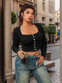 SHEIN EZwear Plus Size Women Autumn Casual Sweetheart Collar Button Detail Long Sleeve T-Shirt - Black - View 5