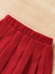 SHEIN Elladie kids 年轻女孩纯色褶皱简约 A 字红色裙子，休闲与度假 - 紅色 - 查看 5