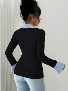 Selianne Camiseta de punto a rayas multicolor con cuello, puños acampanados y media cartera para mujer, elegante y cómoda para el día a día, para otoño/invierno y primavera