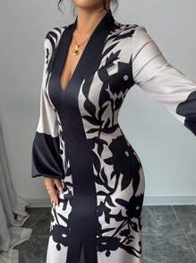 Rafferiza New Women's European And American Style Fitted Waist Long Lantern Sleeve V-Neck Color Block Print Dress Fall Cloth For Women - Apricot - View 3