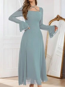 Modelyn 1 bucată rochie de damă elegantă, de precizie, la modă, cu mâneci evazate, cu gât pătrat, albastru bleumarin, ținută maxi pentru femei