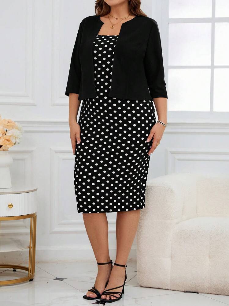 SHEIN Clasi 2pcs/Set Plus Size Polka Dot Print Fitted Dress & Solid Color Blouse,Spring Clothes - Black and White - View 3