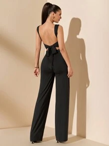 SHEIN BAE 纯黑色优雅性感露背系带蝴蝶结无袖超阔腿连体裤，适合日常穿着、约会、派对、聚会、外出、不对称阔腿连体裤、情人节连体裤、休闲连体裤、优雅连体裤 - 黑色 - 查看 4