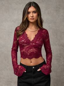 SHEIN BAE Solid Color Sexy Sheer Red Lace V-Neck Bodycon Flared Long Sleeve Women's Top For Summer Holiday, Date Night, Singles Party Valentine's Day Outfits Nashville Outfits - Red - View 4