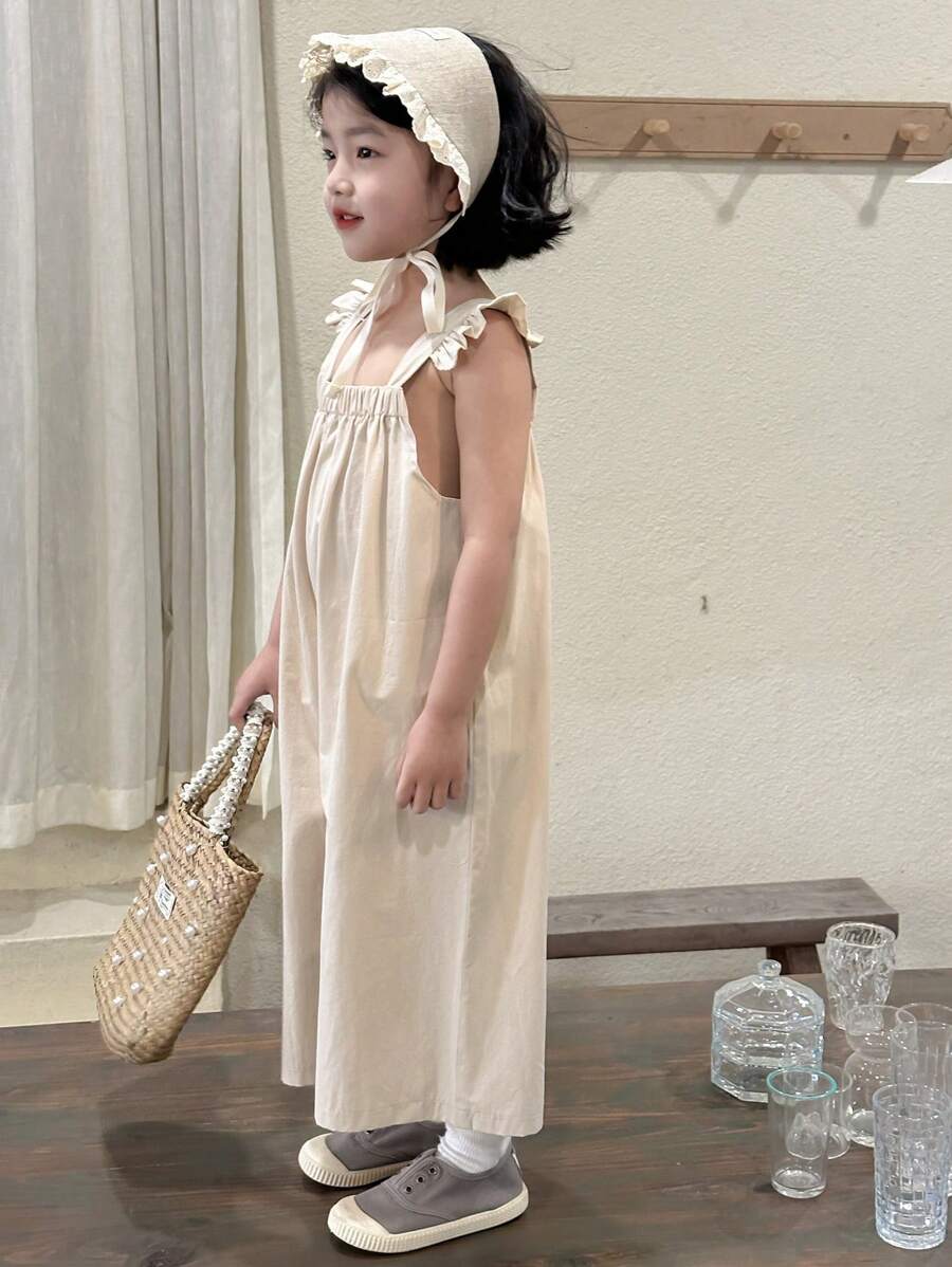 DAZY Young Girl Square Collar Frill Sweet Solid Wide-Leg Jumpsuit, Summer - Apricot - View 1