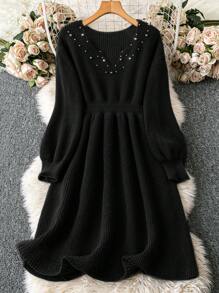 SHEIN Clasi Vestido suéter elegante de trabajo de manga larga con cintura de cuentas de unicolor de punto para mujer de talla grande, otoño/invierno