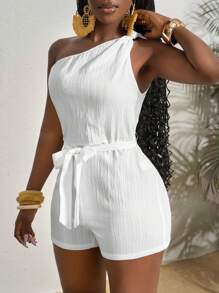 Slaydiva Spring/Summer New Music Festival Western Boho Easter Nashville Birthday Graduation Student Daily Casual All-Match Versatile Leisure Cruise Travel Beach Sunbathing One Shoulder Twist Cinched Waist Textured Fabric Cinched Waist Slimming White Women Jumpsuit
