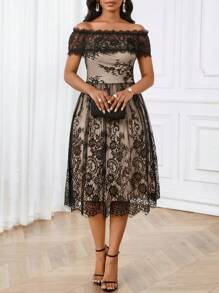 SHEIN Lady Four Seasons Navy Blue Long Sleeve Dress Lace Fabric Dress Ruffled Slim Fit Women's Short Dress