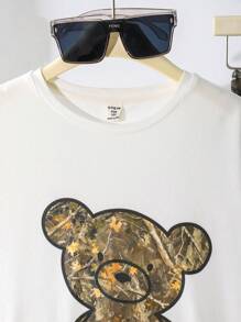 Conjunto de 2 piezas de estilo urbano cómodo y fresco para niñas preadolescentes, con camiseta sobredimensionada de manga corta de punto y estampado de oso camuflaje y pantalón de legging con estampado completo de ramajes, adecuado para uso diario casual y escolar, vuelta al colegio - Verde militar - Ver 5