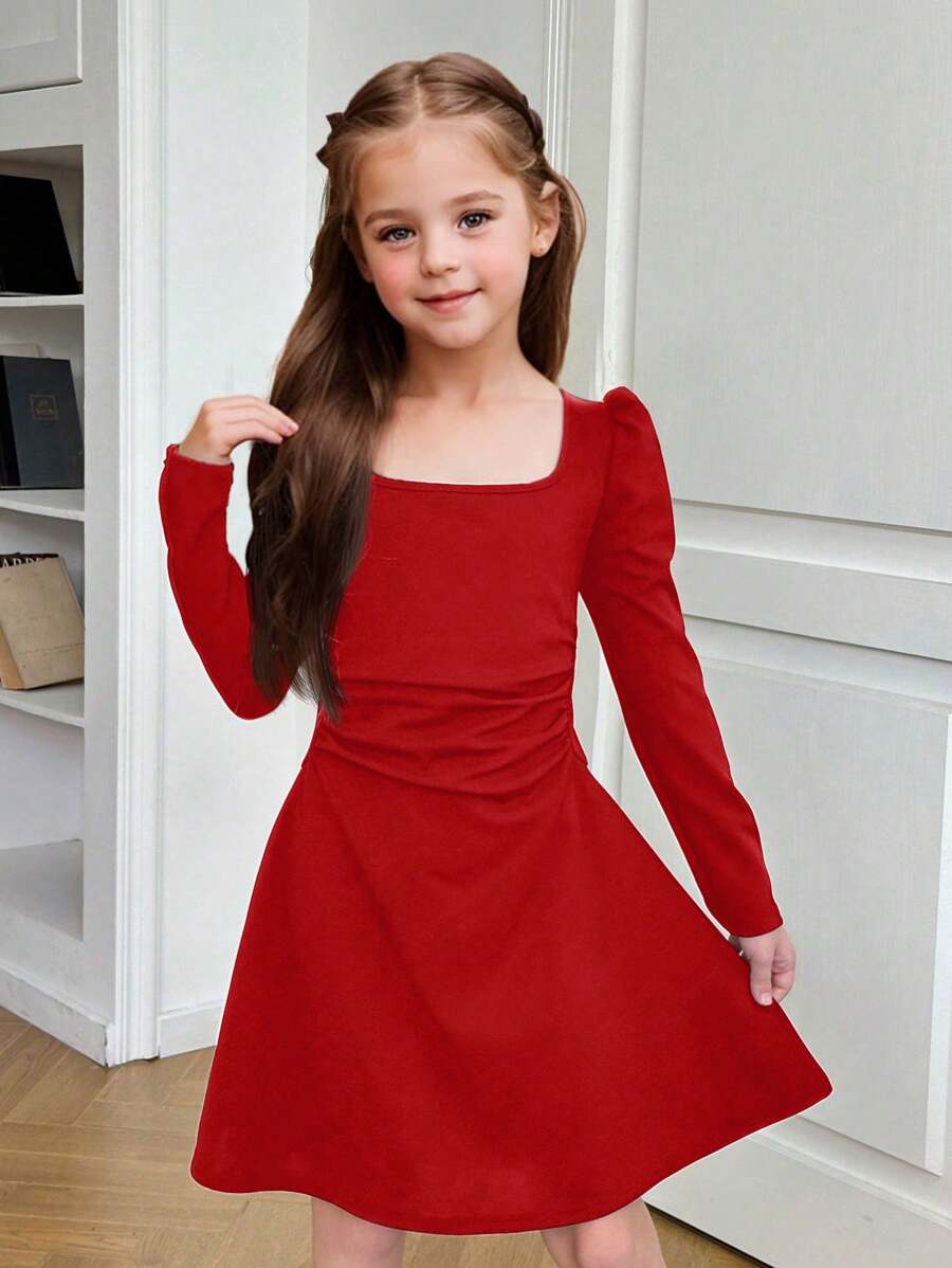 SHEIN 年轻女孩优雅复古方领灯笼长袖 A 字连衣裙，黑色，羊腿袖长袖蛋糕连衣裙，适合生日派对、度假，非常适合秋冬季休闲、日常穿着和上学日常，适合圣诞节、公主裙、母女搭配、姐妹搭配。