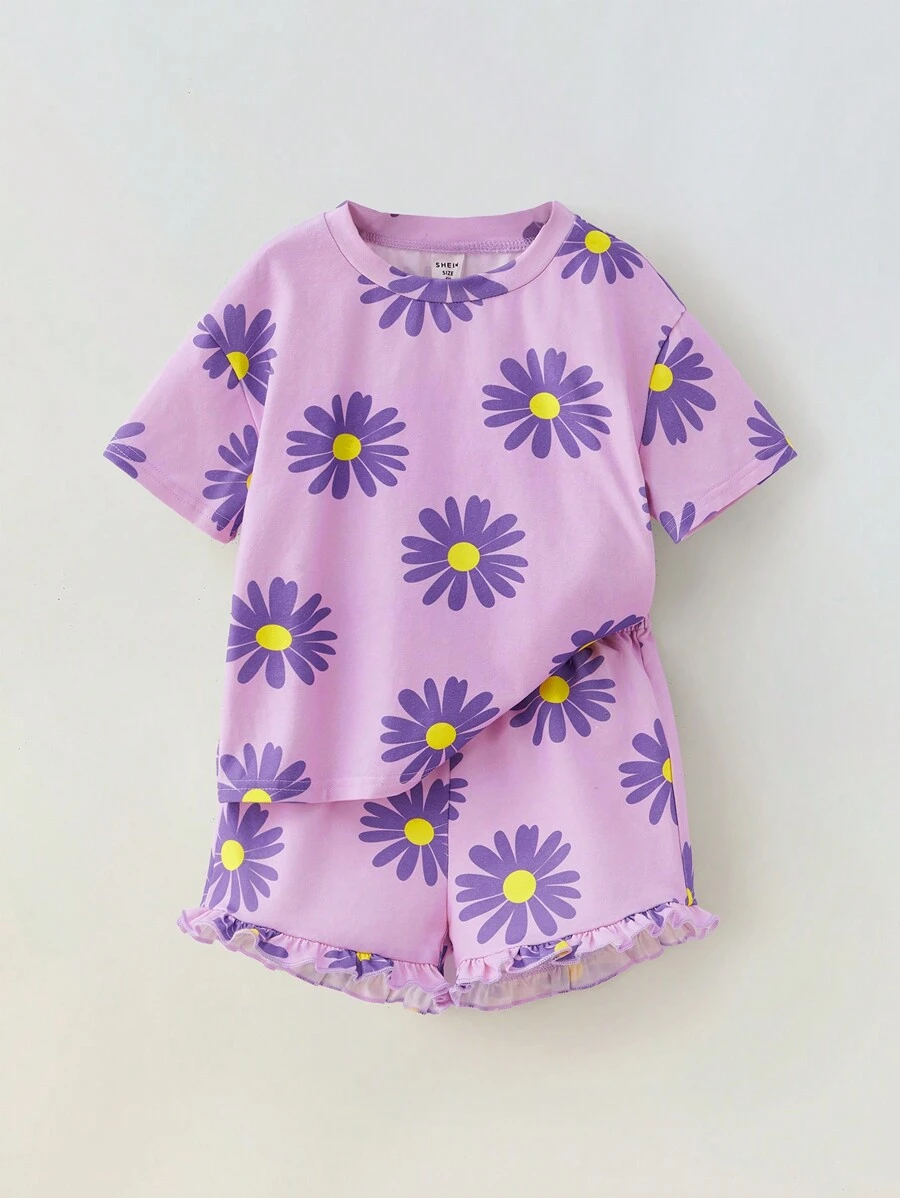 Maija Kids Maija Kids 2pcs/Set Young Girl Loose Casual Floral Print Round Neck Short Sleeve Top And Shorts Set - Purple - View 1
