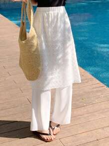 DAZY Casual Vacation Solid Color Contrast Lace 2 In 1 Women Long Pants, Spring/Summer - White - View 4
