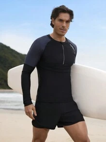 Manfinity Swimmode Men's Solid Color Patchwork Front Zipper Long Sleeve Casual Surfing T-Shirt - Black - View 7