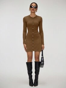 Forever 21 黑色罗纹紧身连衣裙，适合商务休闲，秋冬女士毛衣连衣裙 - 棕色 - 查看 4