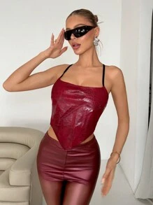 EgrlEra 1 bucată de femeie, sexy, fără spate, cu bretele de cravată, crop top din PU (tăiat aleatoriu) - Burgundia - Vizualizare 4