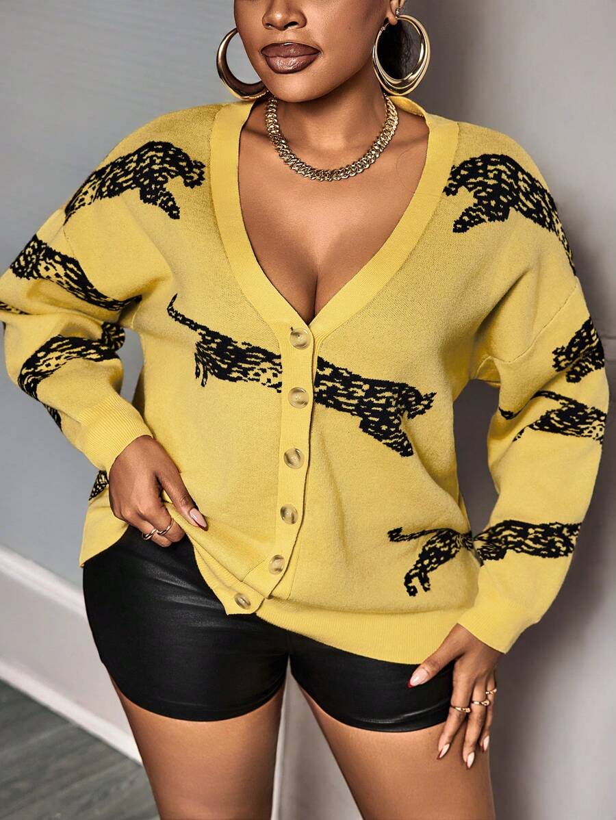 Slaydiva Plus Size Women Leopard Print Casual Cardigan, Autumn/Winter