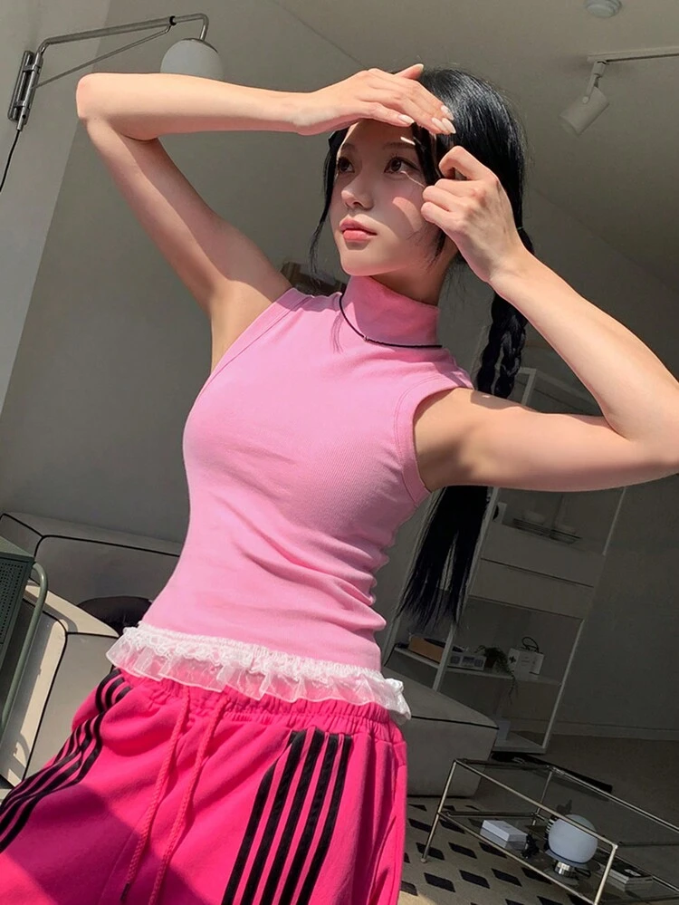 Women Solid Color Lace Hem Turtleneck Sleeveless Tank Top, Spring/Summer