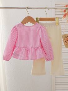 SHEIN Baby Girls' Cute Casual Knitted Striped Long Sleeve Shirt And Loose Comfortable Flared Pants Set - Multicolor - View 2