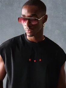 SUMWON 艺术脚本印花短款背心无袖运动健身时尚短款夏季肌肉 T 恤都市街头休闲健身背心 - 黑色 - 查看 6