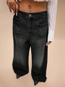 Forever 21 Plus Size Women Distressed Wide Leg Denim Jeans - Black - View 6