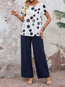 EMERY ROSE 2pcs Women's Vacation Casual Polka Dot Print Top And Pants Set - Multicolor - View 5