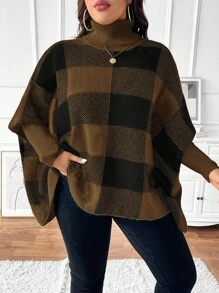SHEIN Unity Plus Size Women Plaid High Neck Batwing Sleeve Loose Pullover Sweater, Autumn/Winter For New Year Knit Pullover Fall Sweater