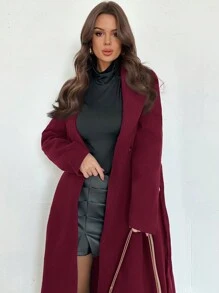 Firerie New Elegant Notched Collar Long Sleeve Cinched Waist A-Line Overcoat With Self-Tie Belt, Spring/Summer Outfits, Suitable For Valentine's Day - Burgundy - View 7
