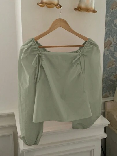 DAZY Women's Square Collar Tie Front Fitted Blouse, Spring/Summer,Ruffle,Fall Clothes Long Sleeve Top