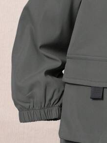 SHEIN 2Pcs Young Boys Casual Practical Kangaroo Pocket Hooded Zip-Up Jacket & Solid Drawstring Jogger Pants Set, Suitable For Outing, School, Daily Gatherings, Autumn/Winter - Light Grey - View 7