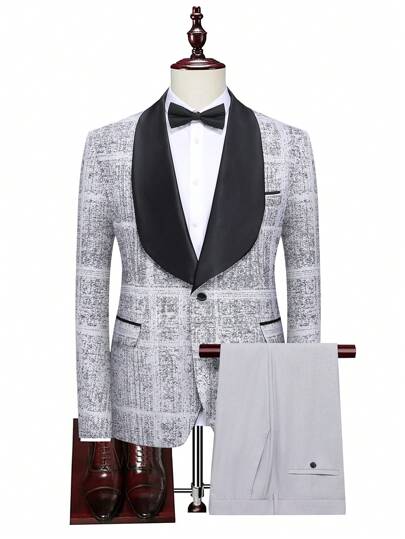 Manfinity Mode 大码男士商务通勤撞色披肩领夹克和裤子西装套装