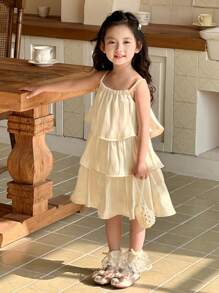 DAZY Vestido elegante de niña con tirantes de espagueti y pliegues de unicolor, conjunto de ropa de verano para niñas