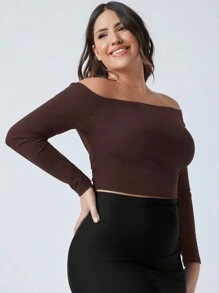 SHEIN BASICS Plus Size Solid Color Off Shoulder Long Sleeve T-Shirt, Casual Autumn - Brown - View 1