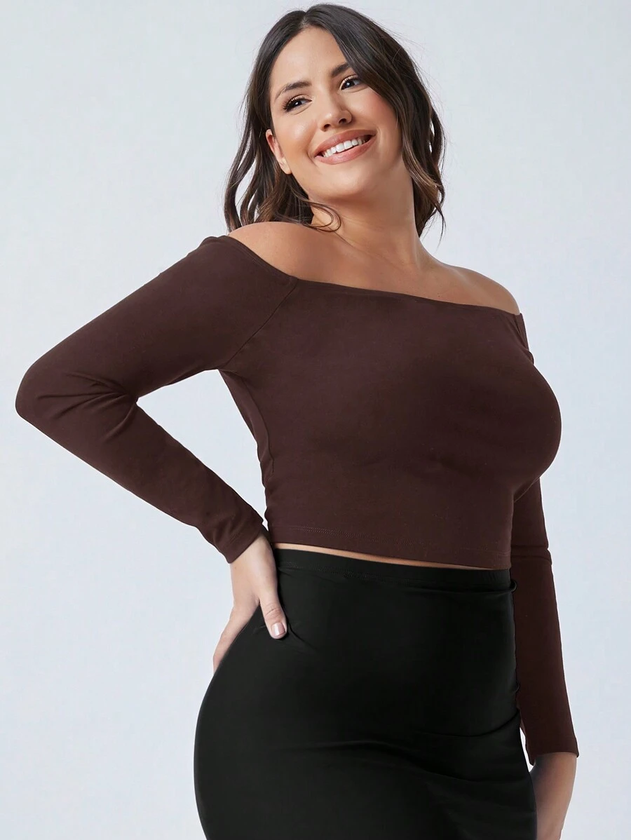 SHEIN BASICS Plus Size Solid Color Off Shoulder Long Sleeve T-Shirt, Casual Autumn - Brown - View 1