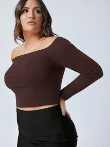 SHEIN BASICS Plus Size Solid Color Off Shoulder Long Sleeve T-Shirt, Casual Autumn - Brown - View 5