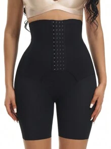 Women's High Stretch Black Plain Casual Shorts Shapewear With Button Front - Black - View 4