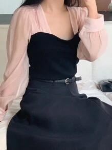 DAZY 女款彈性修身拼接袖長袖上衣，黑色，春夏初次約會穿搭，秋季外出上衣 - 黑色 - 查看 4