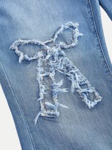 SHEIN MOD Plus Size Bowknot Elastic Skinny Flare Jeans, Blue Summer Vacation Woman 90s Spring For Women Y2k Cowgirl For Women Rave Spring Break Going Out Streetwear 2000s Style Rave Country Concert Festival For Women Gyaru Concert Women Easter Women Jeans - Blue - View 4