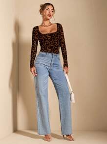 SHEIN BAE Women's Vintage Leopard Print Ruched Long Sleeve T-Shirt, Suitable For Summer