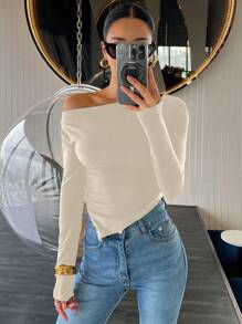 DAZY 情人节修身不对称肩部女式纯色休闲T恤，春季长袖女式上衣 - 杏色 - 查看 7