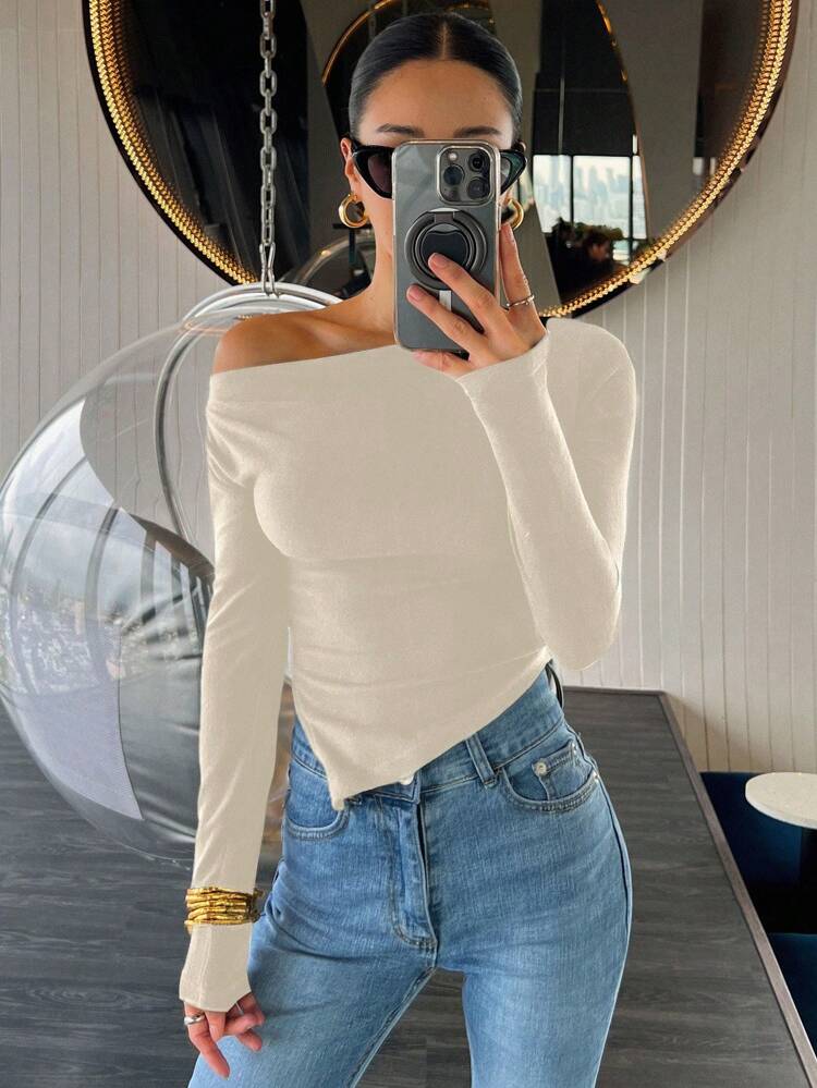 Valentine's Day Form-Fitting Asymmetric Shoulder Women's Solid Color Casual T-Shirt, Spring Long Sleeve Women Tops
