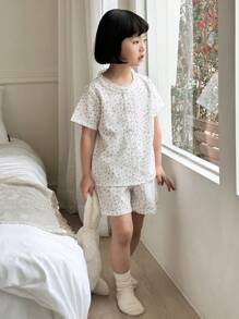 DAZY Bộ đồ mặc nhà thường ngày, tay ngắn in hình cô gái trẻ, tối giản và thời trang, trang phục mùa hè cho bé gái - trắng - Xem 2