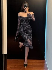 DAZY 女式露肩扎染长袖花卉、荷叶边、秋季连衣裙 - 黑色 - 查看 2