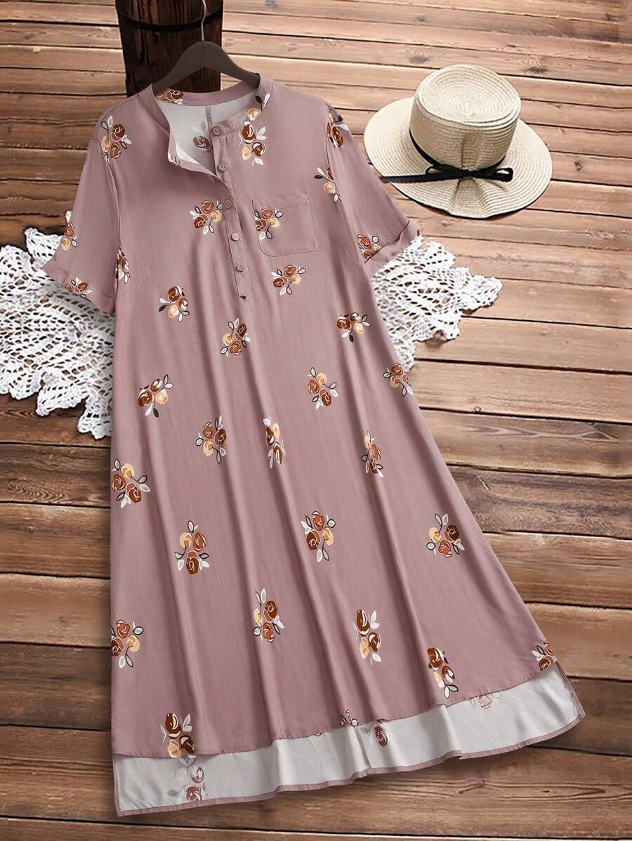 Rusticease Plus Size Vacation Casual Floral Print Button-Front Mini Dress, Suitable For Summer,Flower/Spring - Dusty Pink - View 1
