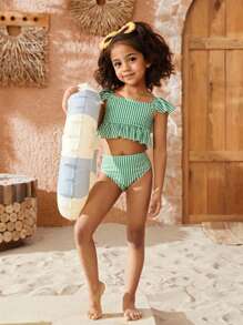 SHEIN Tween 女童可爱休闲条纹针织泳衣套装，适合夏季、度假、海滩 - 綠色 - 查看 6