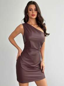 SHEIN Privé Jesień/zima Nowa Elegancka Szykowna Moda Commuter Design Seksowna Klubowa Czerwona Asymetryczna Ramiona Marszczona Talia Dopasowana Mini Sukienka Walentynki