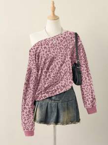 INAWLY 女士时尚不对称肩部豹纹长袖卫衣，秋冬季，毕业季，教师节，返校季套头衫 - 粉色 - 查看 3