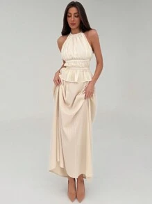 Aloruh Elegant Neck Tie Back Sexy Open Back Ruched Solid White Camisole