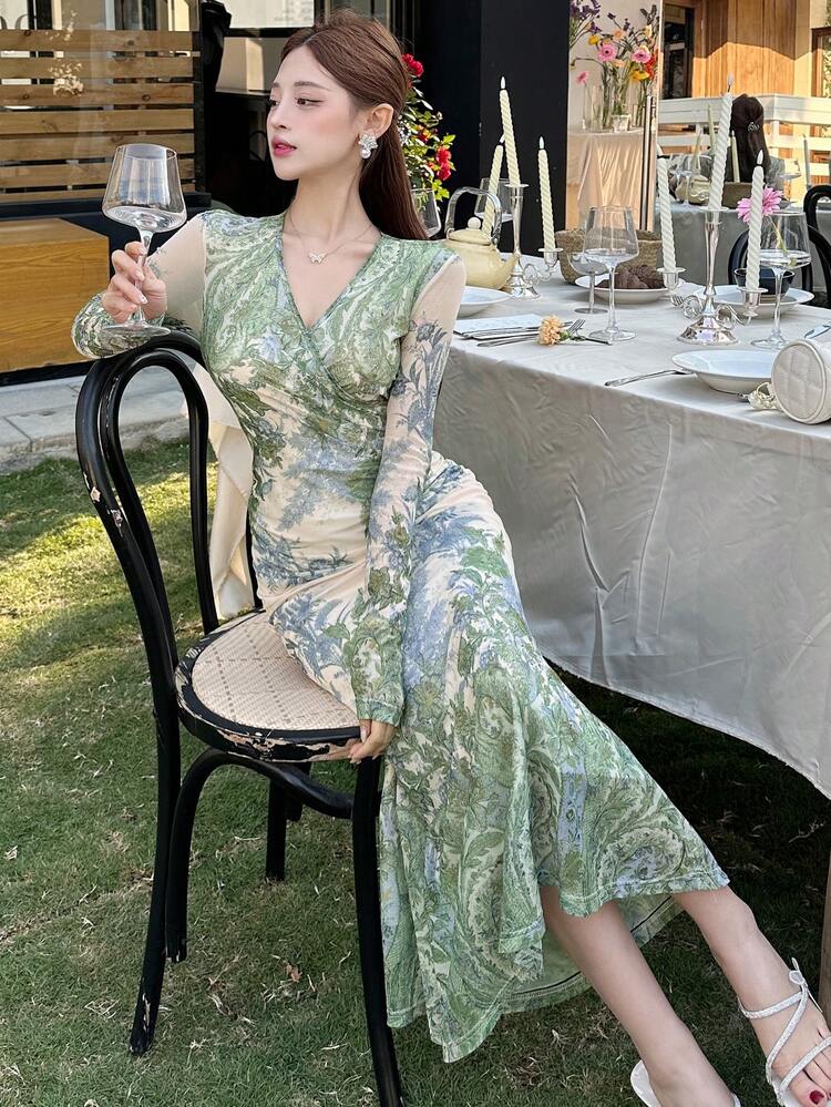Women's V-Neck Long Sleeve Floral Print Bodycon Dress, Elegant,Fall Dress Easter Maxi Dress