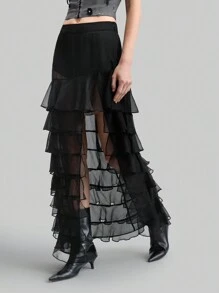 Ontre 女士优雅纯色多层荷叶边下摆高开叉 A 字裙，复古/怀旧风格